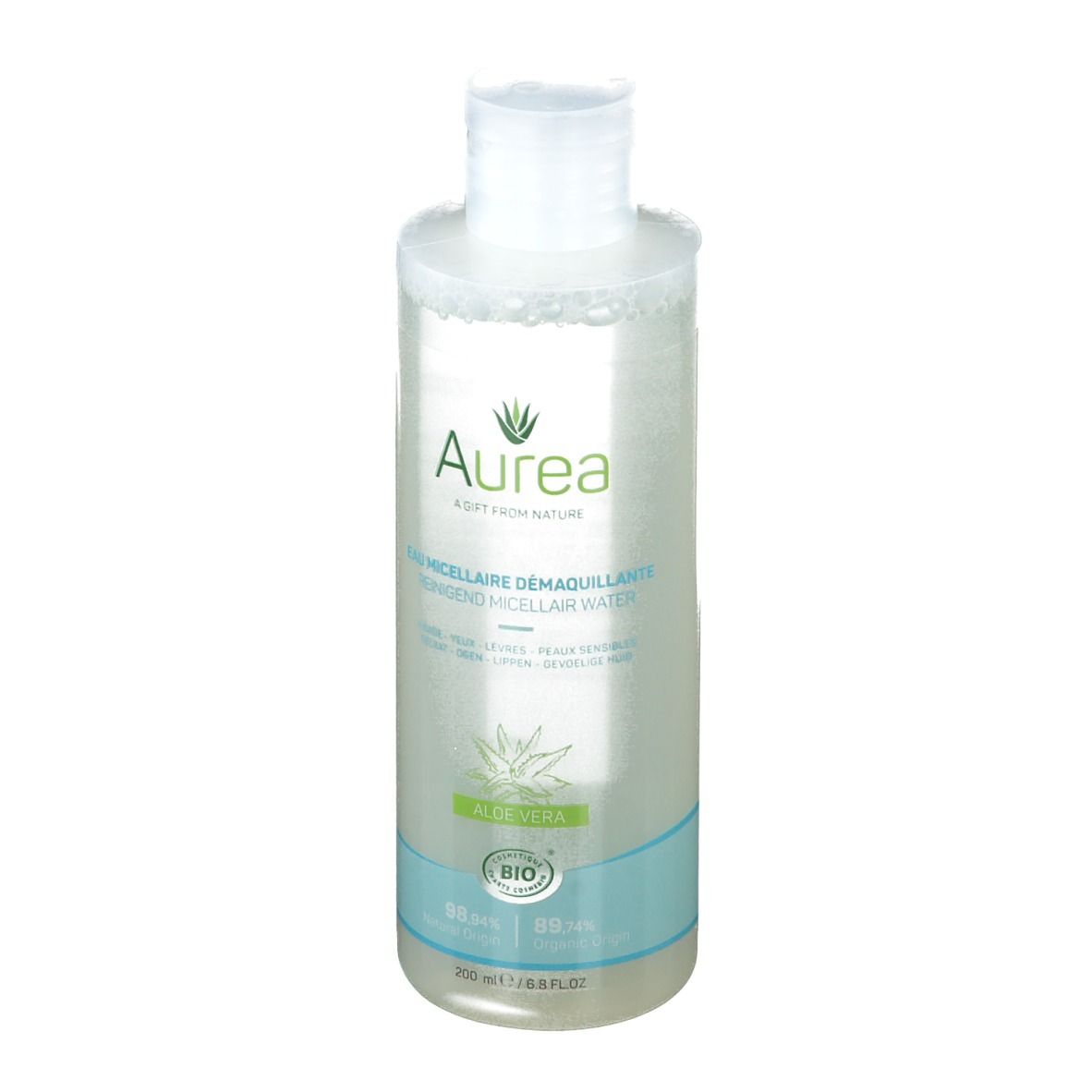 Flacone trasparente con tappo bianco. Scritta Aurea, Acqua micellare, Aloe Vera. Certificazione Bio.