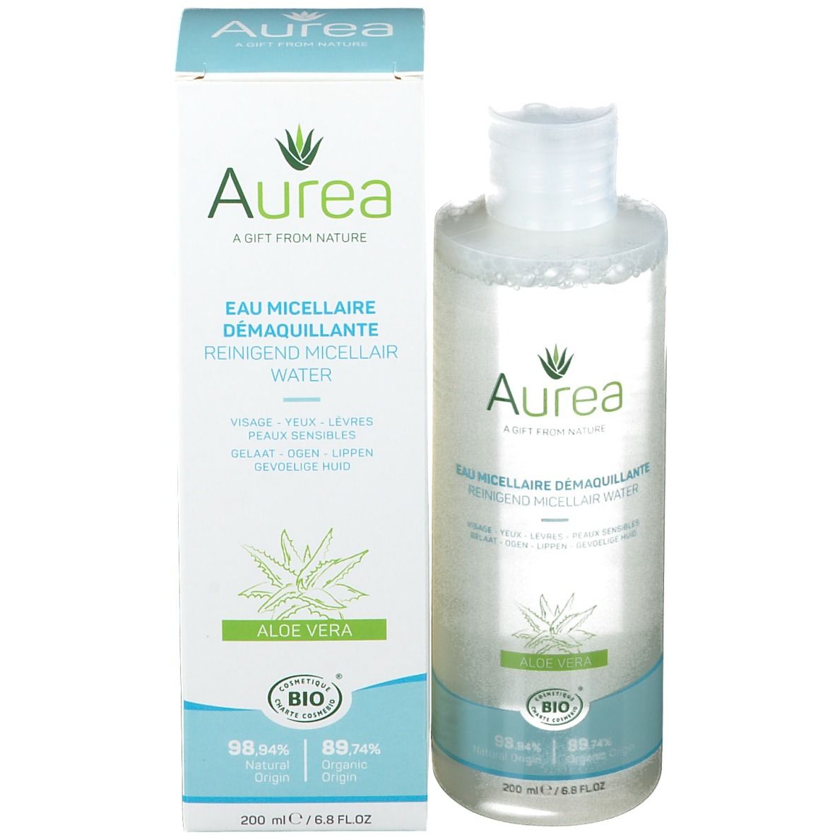Flacone e confezione. Scritta Aurea, Acqua micellare, Aloe Vera. Certificazione Bio.