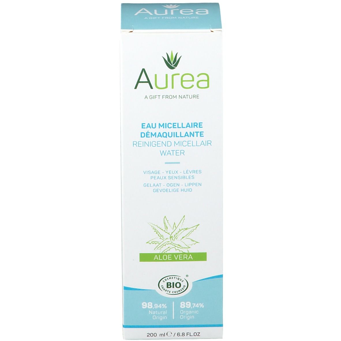 Confezione rettangolare. Scritta Aurea, Acqua micellare, Aloe Vera. Certificazione Bio.
