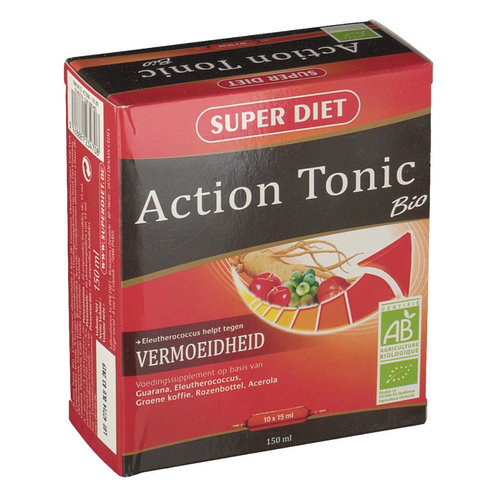 Scatola rossa e nera "Action Tonic Bio". Illustrazione di frutta ed erbe. Certificazione AB-Bio. Testo "Vermoeidheid" in olandese.