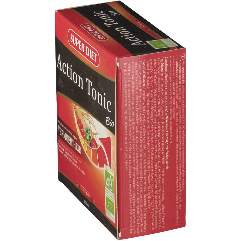 Scatola "Action Tonic Bio" rossa e nera. Certificazione AB-Bio. Testo in francese e olandese. Vista laterale.