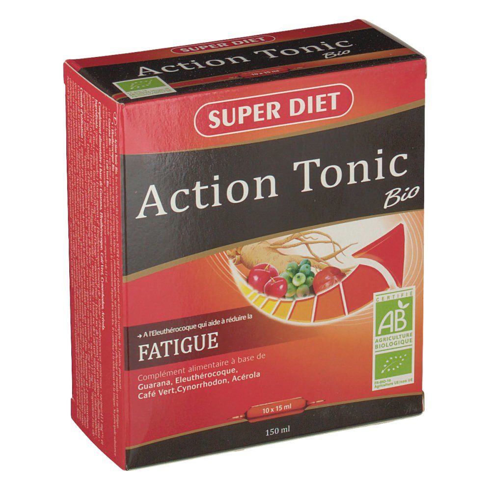 Scatola rossa e nera "Action Tonic Bio". Illustrazione di frutta ed erbe. Testo "Fatigue" e certificazione AB-Bio.