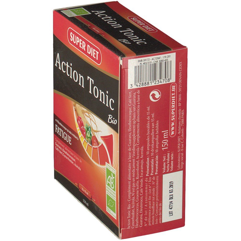Scatola "Action Tonic Bio" rossa e nera. Certificazione AB-Bio. Testo in francese e olandese. Vista laterale.