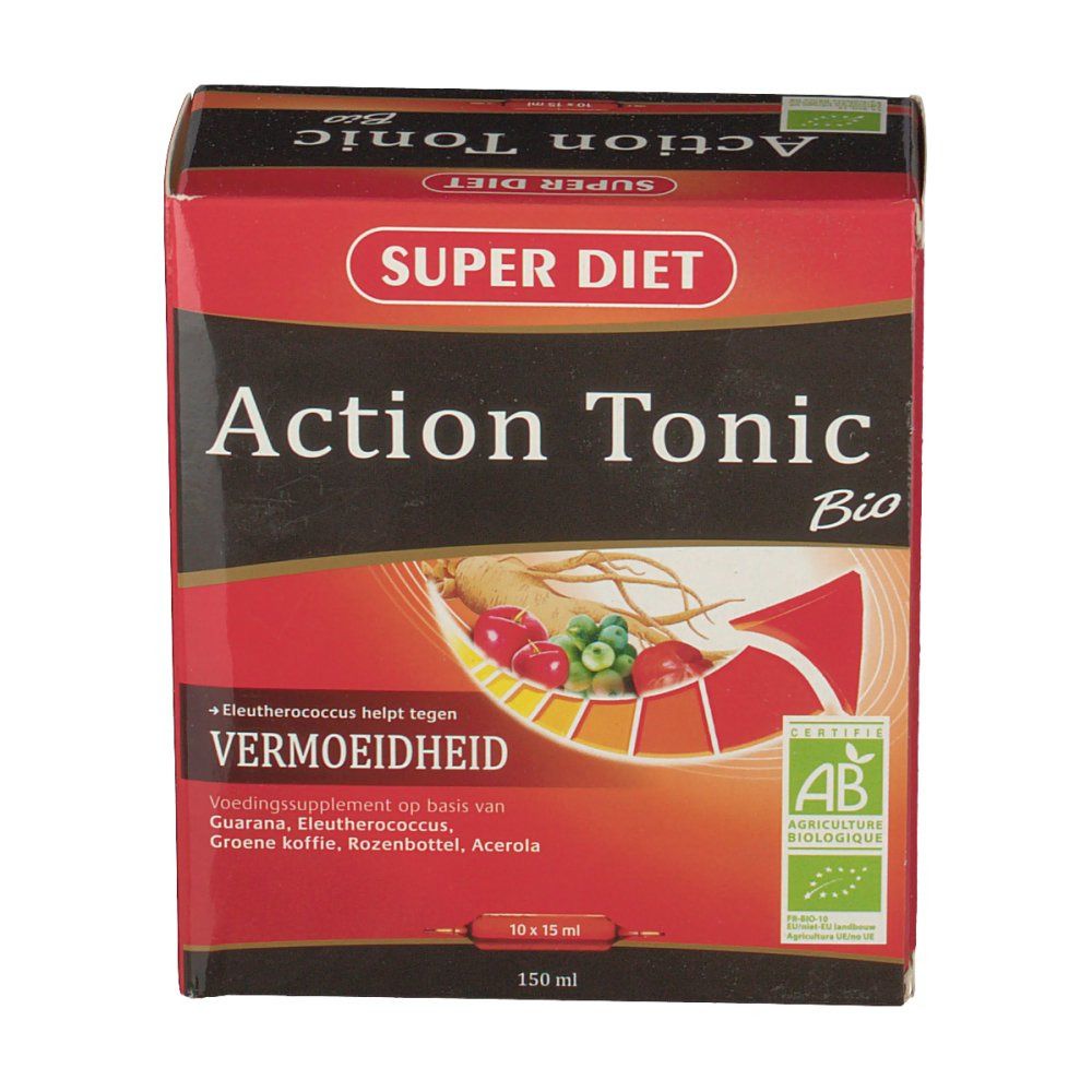 Scatola rossa e nera "Action Tonic Bio". Testo "Vermoeidheid" e certificazione AB-Bio. Illustrazione di frutta ed erbe.