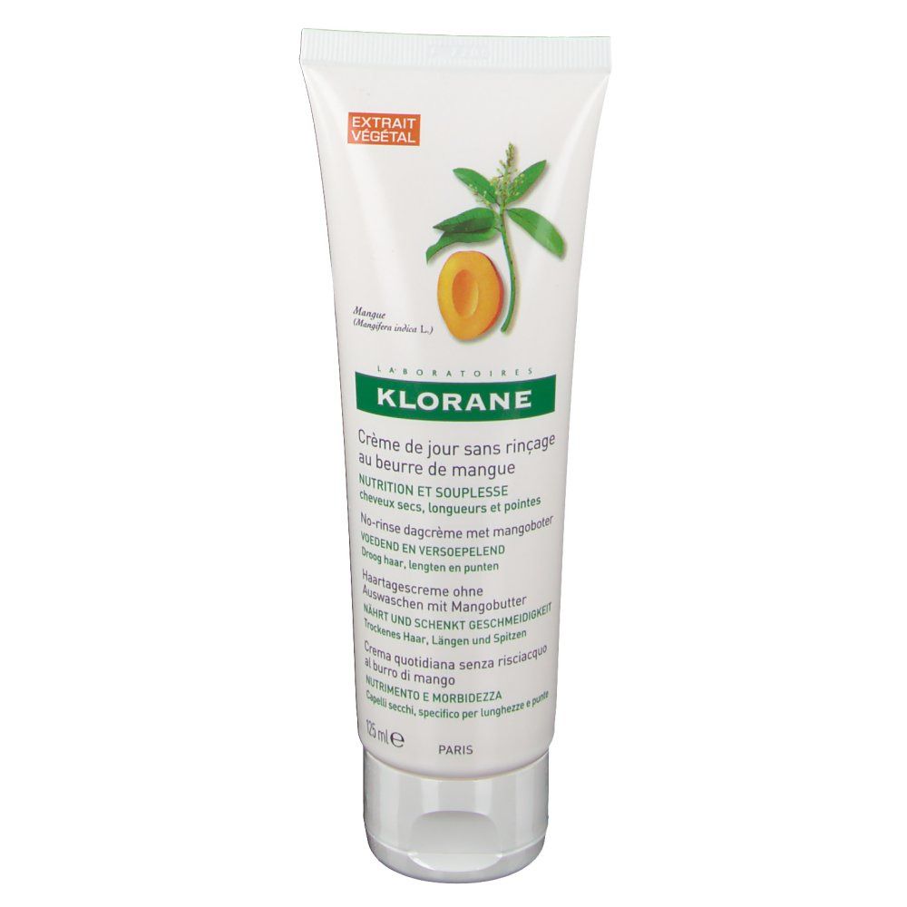 Tubo Klorane Crema giorno senza risciacquo al burro di mango. Bianco, elementi verdi e arancioni. Illustrazione di mango, Extrait Végétal.