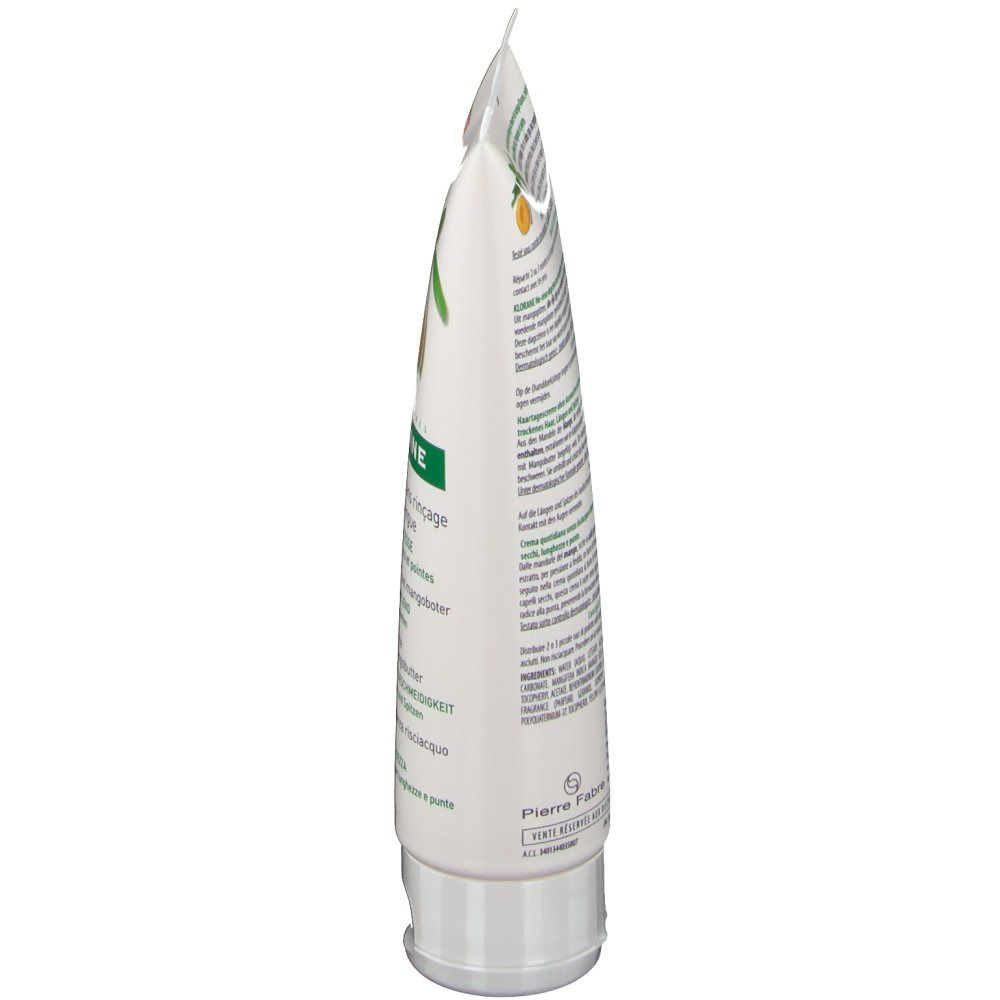 Tubo Klorane, vista laterale. Bianco, con testo ed elementi verdi. Stampa: informazioni sul prodotto, ingredienti, produttore.