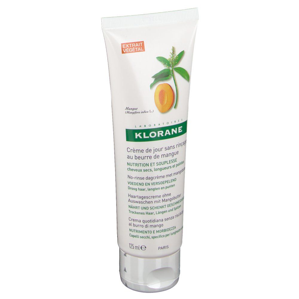 Tubo Klorane Crema giorno senza risciacquo al burro di mango. Bianco, elementi verdi e arancioni. Illustrazione di mango, Extrait Végétal.