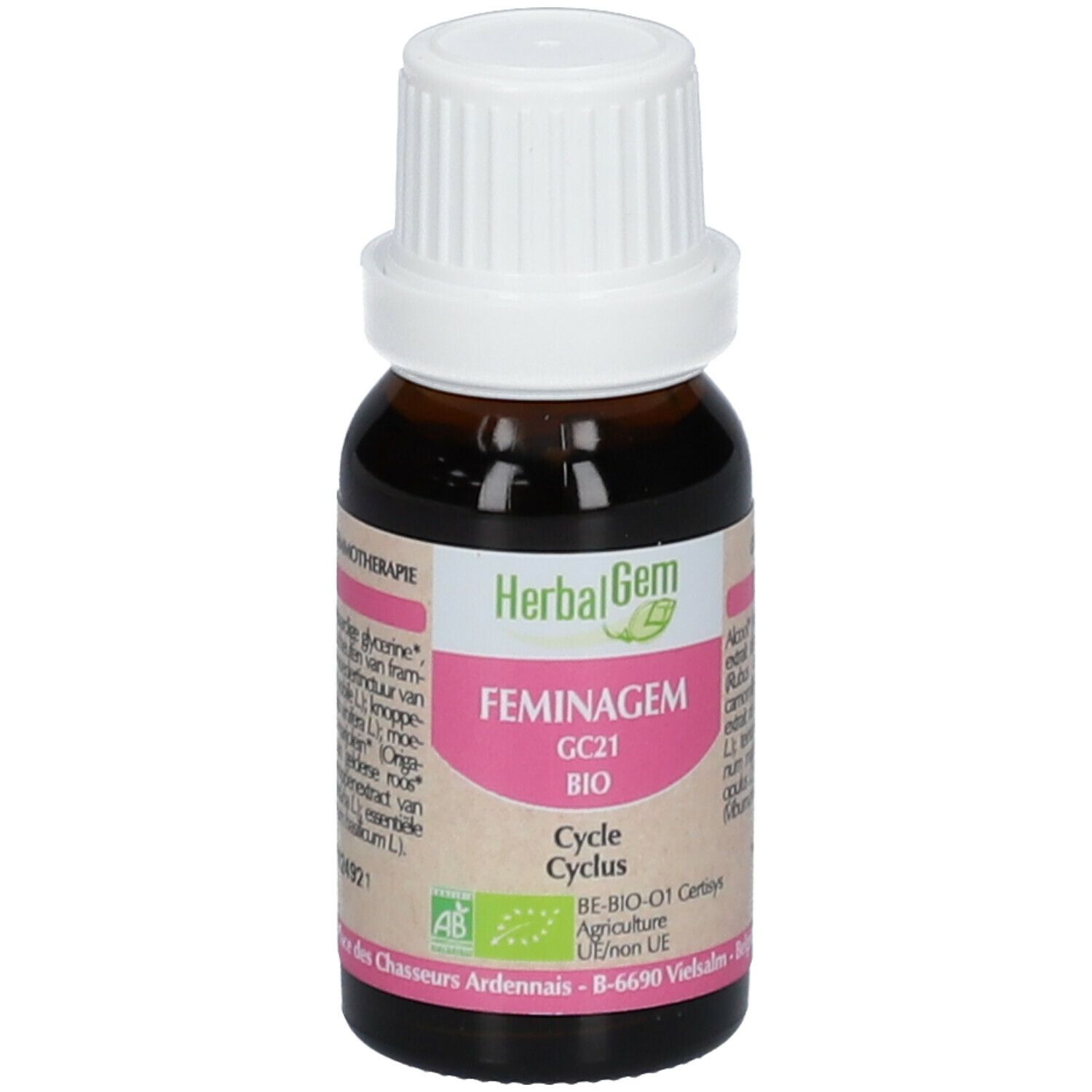 Flacone di vetro marrone con tappo bianco. Etichetta con Herbalgem, FEMINAGEM, GC21 BIO, Cycle Cyclus. Certificazione AB-Bio-01.