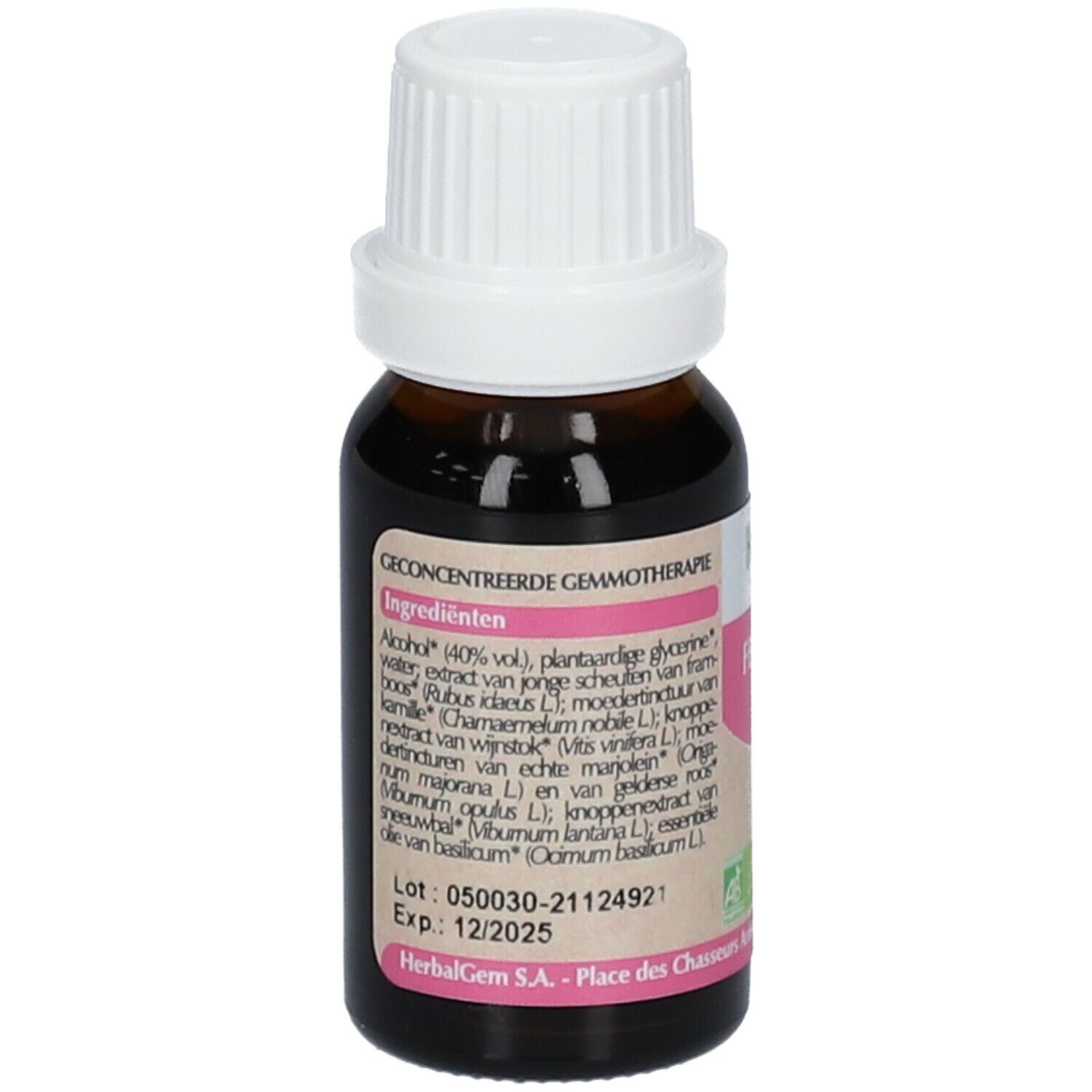 Flacone di vetro marrone con tappo bianco. Etichetta con ingredienti: alcool, glicerina, acqua, lampone, ecc. Scadenza 12/2025.