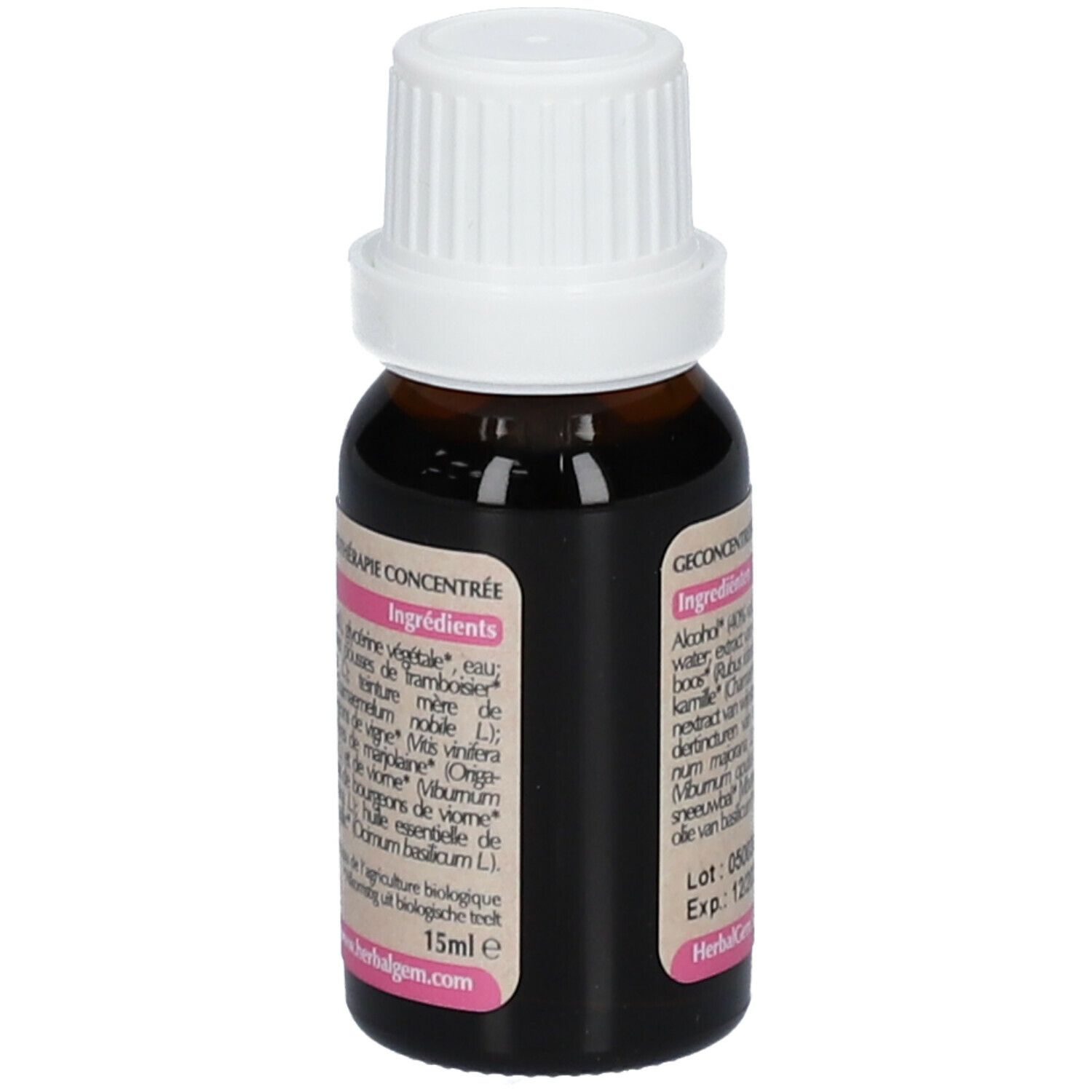 Flacone di vetro marrone con tappo bianco. Etichetta con ingredienti: alcool, acqua, lampone, ecc. Volume: 15ml. Indirizzo del produttore.