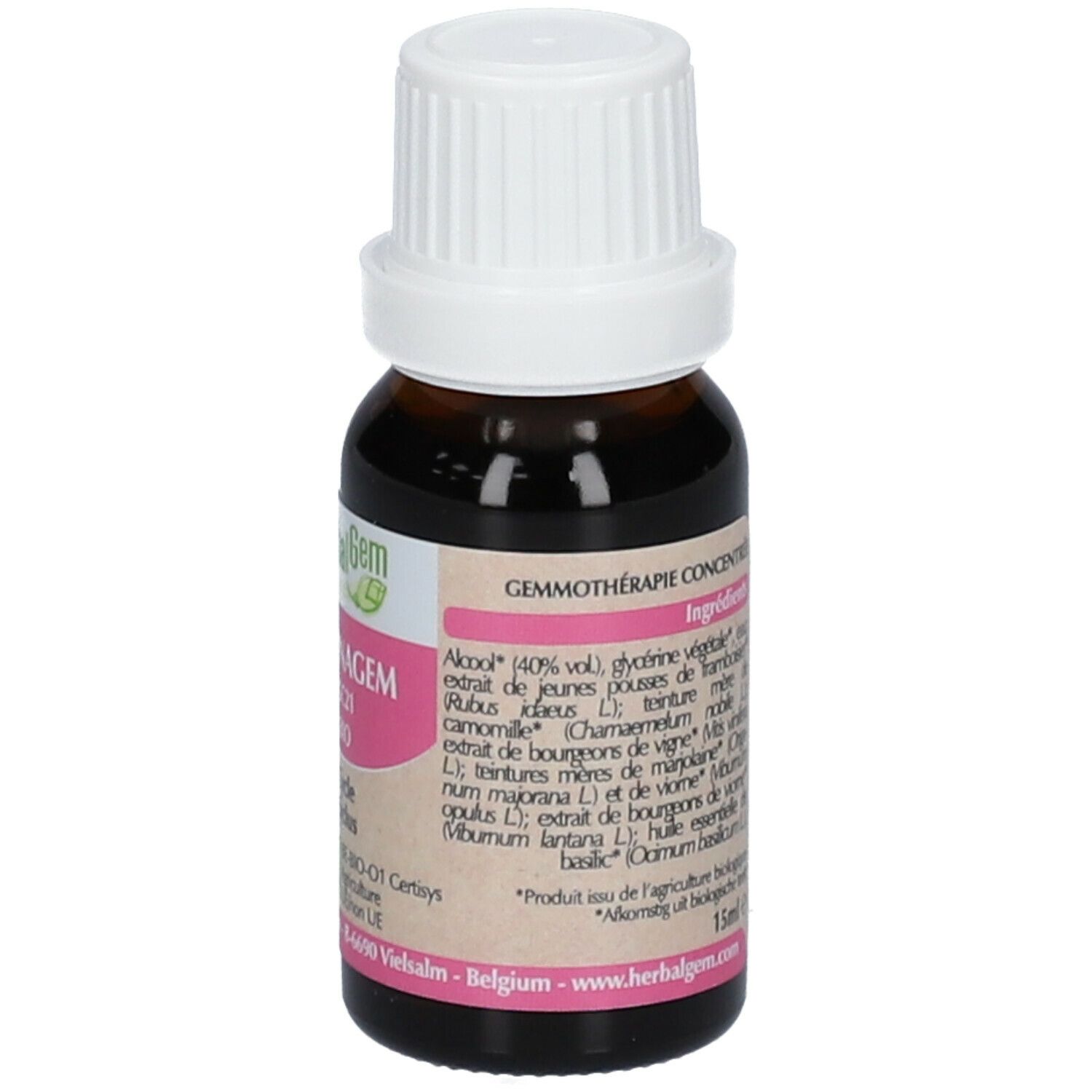 Flacone di vetro marrone con tappo bianco. Etichetta con ingredienti: alcool, glicerina, lampone, ecc. Volume: 15ml. Indirizzo del produttore.