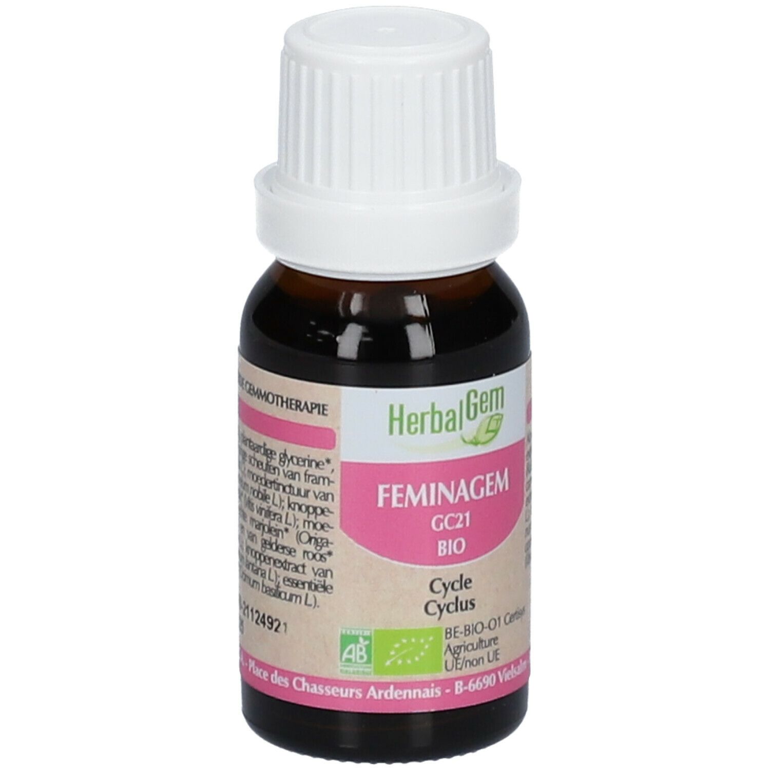 Flacone di vetro marrone con tappo bianco. Etichetta con Herbalgem, FEMINAGEM, GC21 BIO, Cycle Cyclus. Certificazione AB-Bio-01.