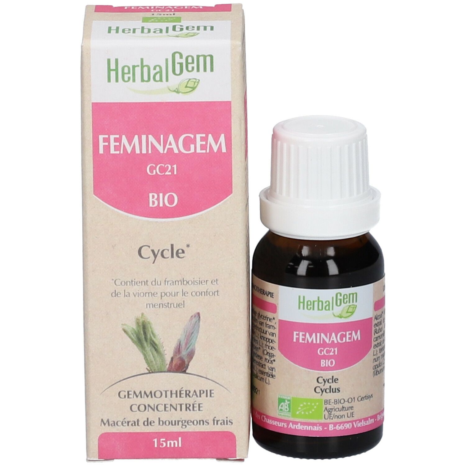 Confezione e flacone del prodotto. Confezione con Herbalgem, FEMINAGEM, GC21 BIO, Cycle. Flacone: 15ml. Descrizione del prodotto.