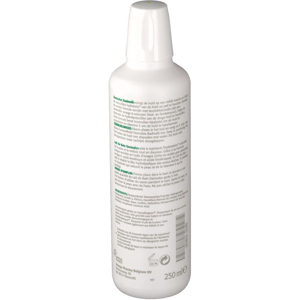 Flacone bianco con testo. Retro con informazioni sul prodotto. Testo in più lingue. 250 ml.