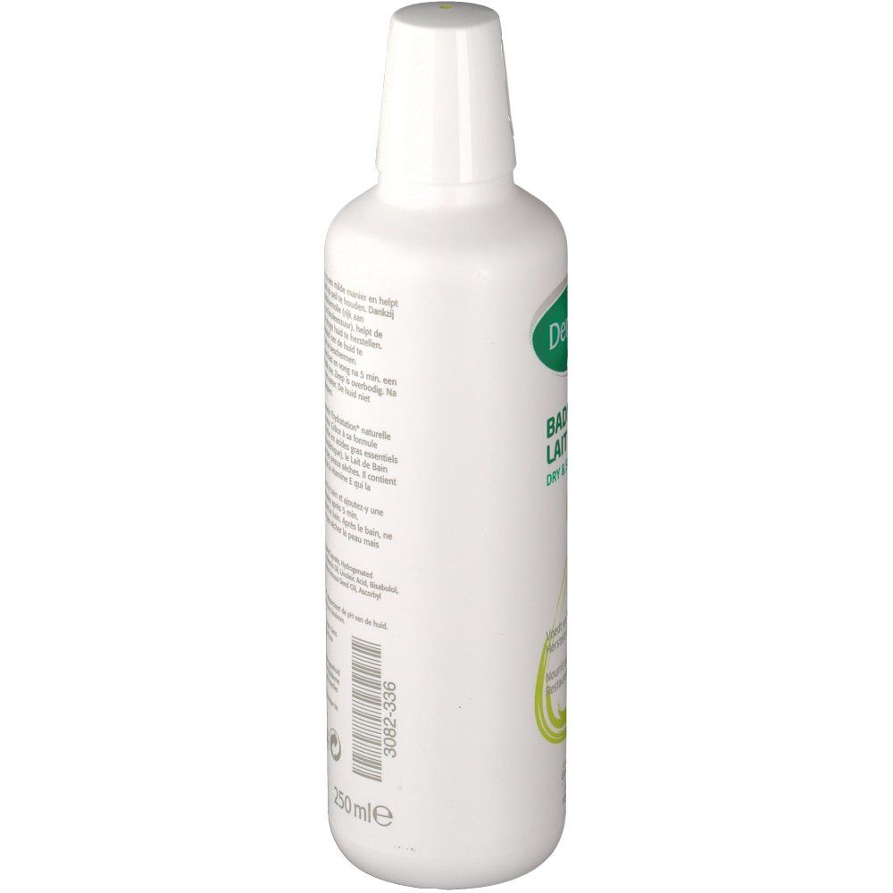 Flacone bianco con testo. Retro con informazioni sul prodotto. Codice a barre e 250 ml. Testo: Dermalex Lait De Bain.