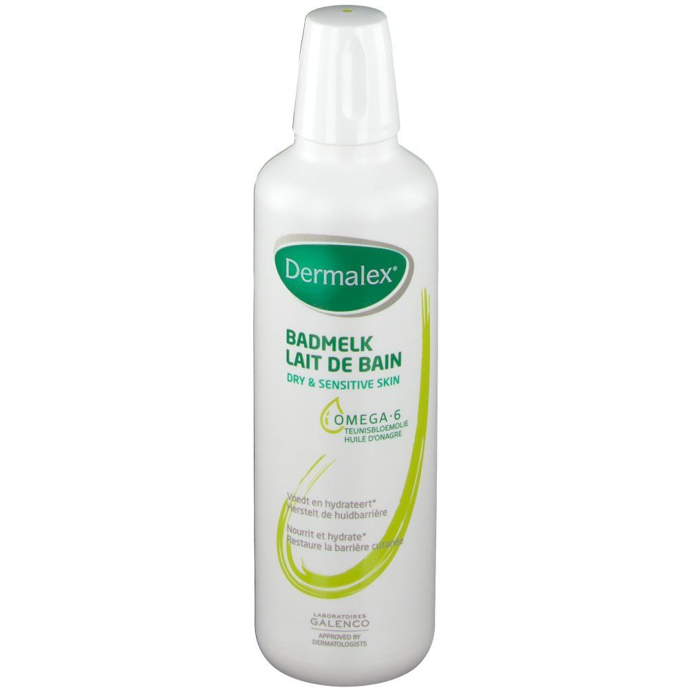 Flacone bianco con etichetta verde. Testo: Dermalex Bademelk Lait De Bain. Per pelli secche e sensibili. Omega-6.