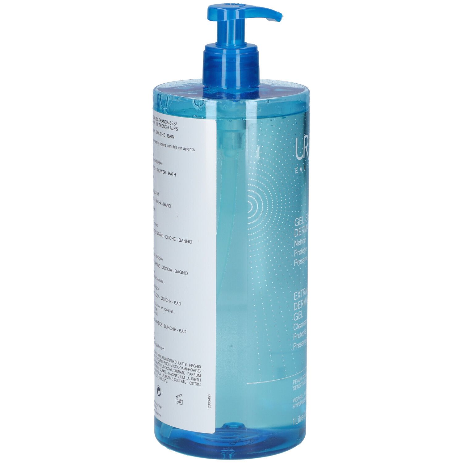 Retro del flacone. Uriage Gel surgras dermatologique. Testo multilingue.