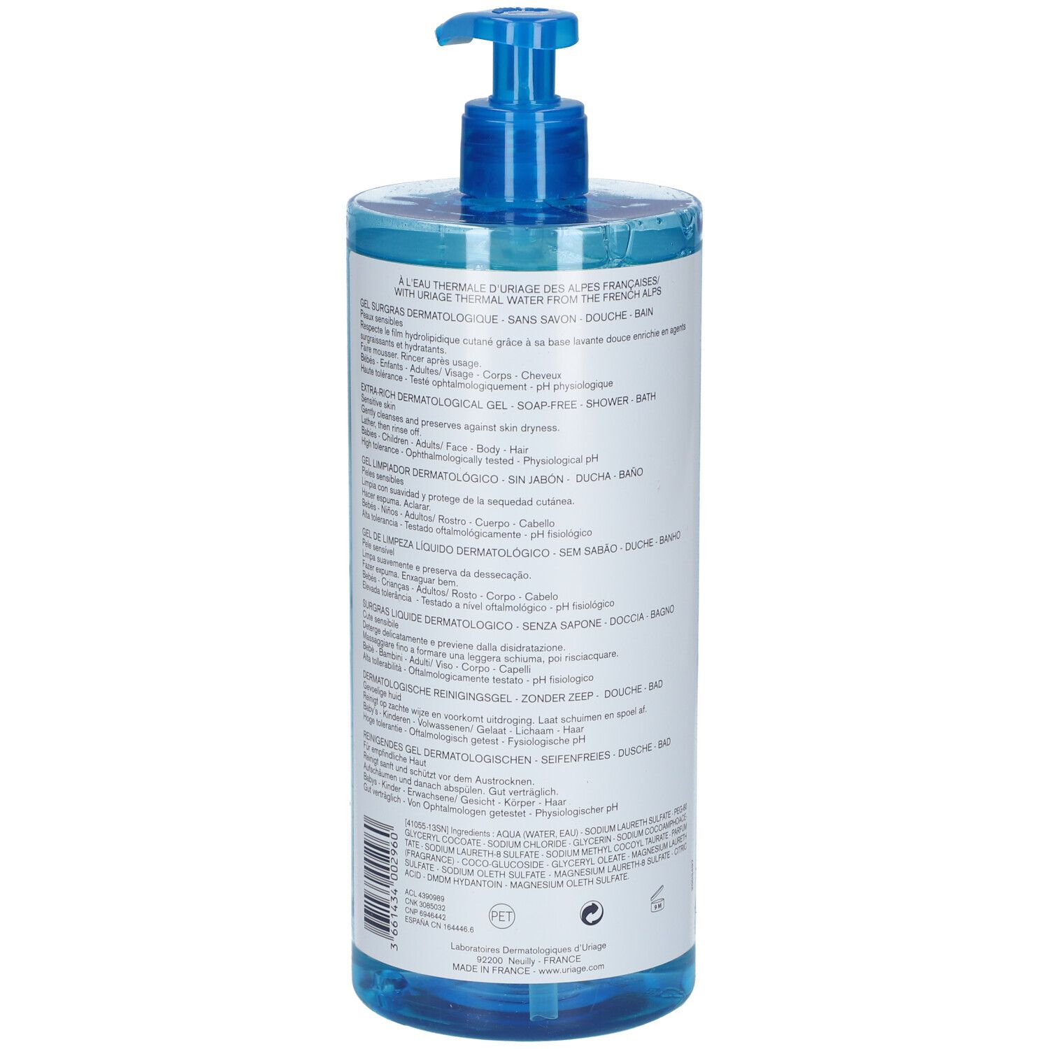 Retro del flacone. Uriage Gel surgras dermatologique. Testo multilingue.