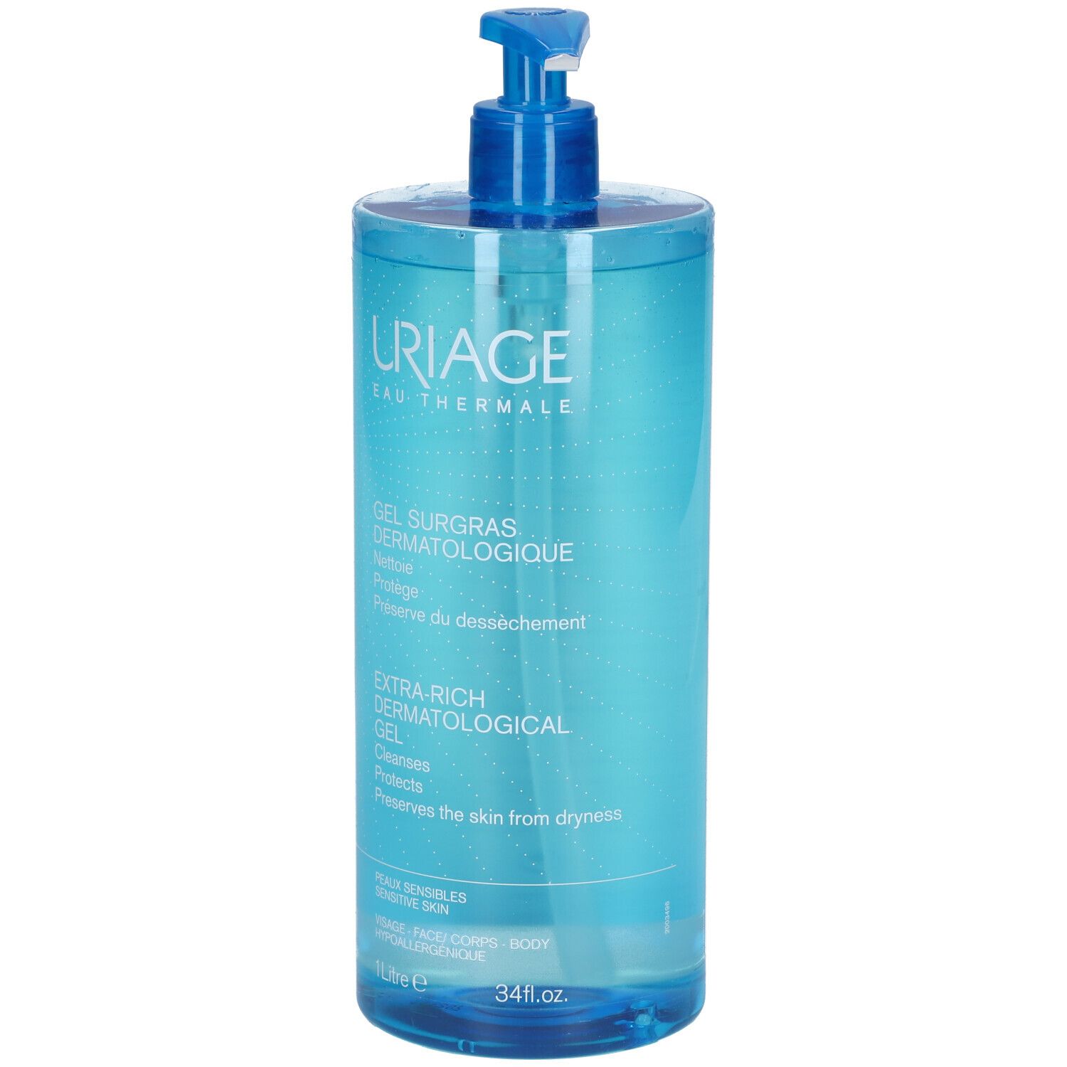 Flacone blu con dosatore. Logo Uriage. Indicazioni prodotto. 1 litro. 34 fl.oz.