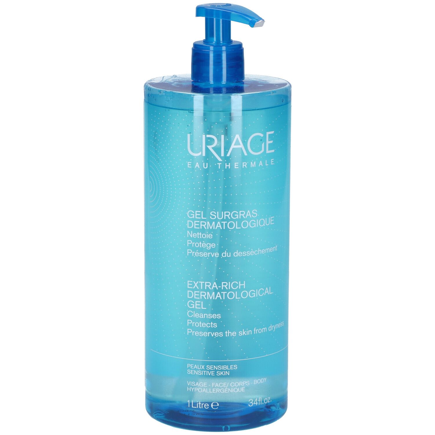 Flacone blu con dosatore. Uriage Gel surgras dermatologique. Gel dermatologico extra-ricco.