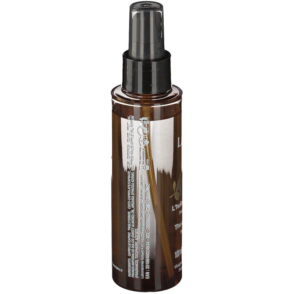 Flacone spray marrone con erogatore nero. Etichetta con ingredienti e informazioni sul prodotto. Scritta: LAINO.