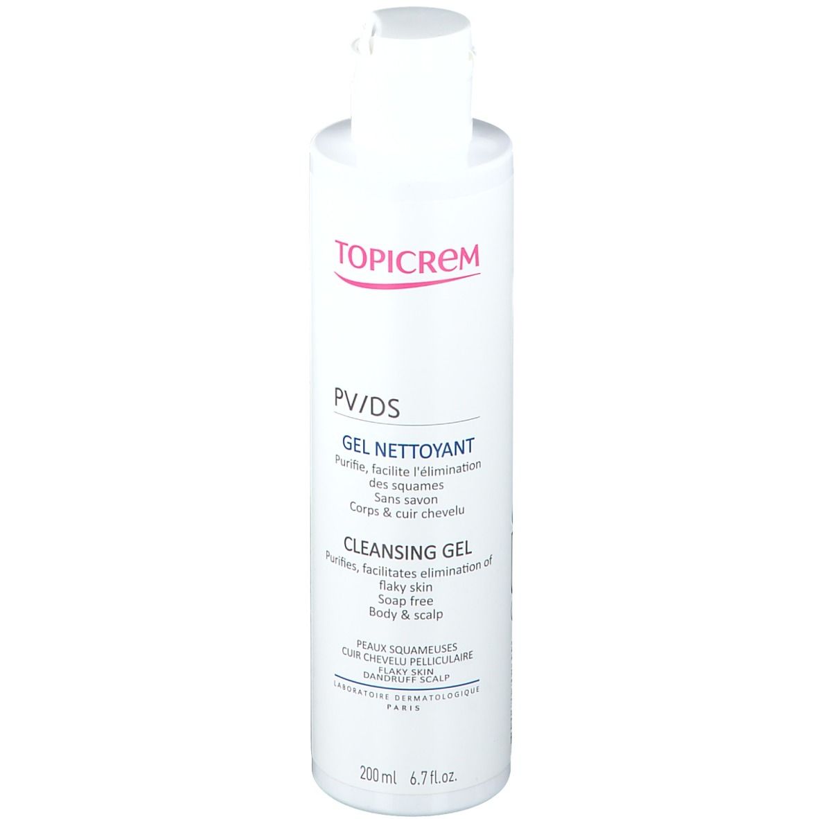 Flacone bianco TOPICREM PV/DS Gel nettoyant. Scritta rossa. Nome del prodotto e testo in francese e inglese.