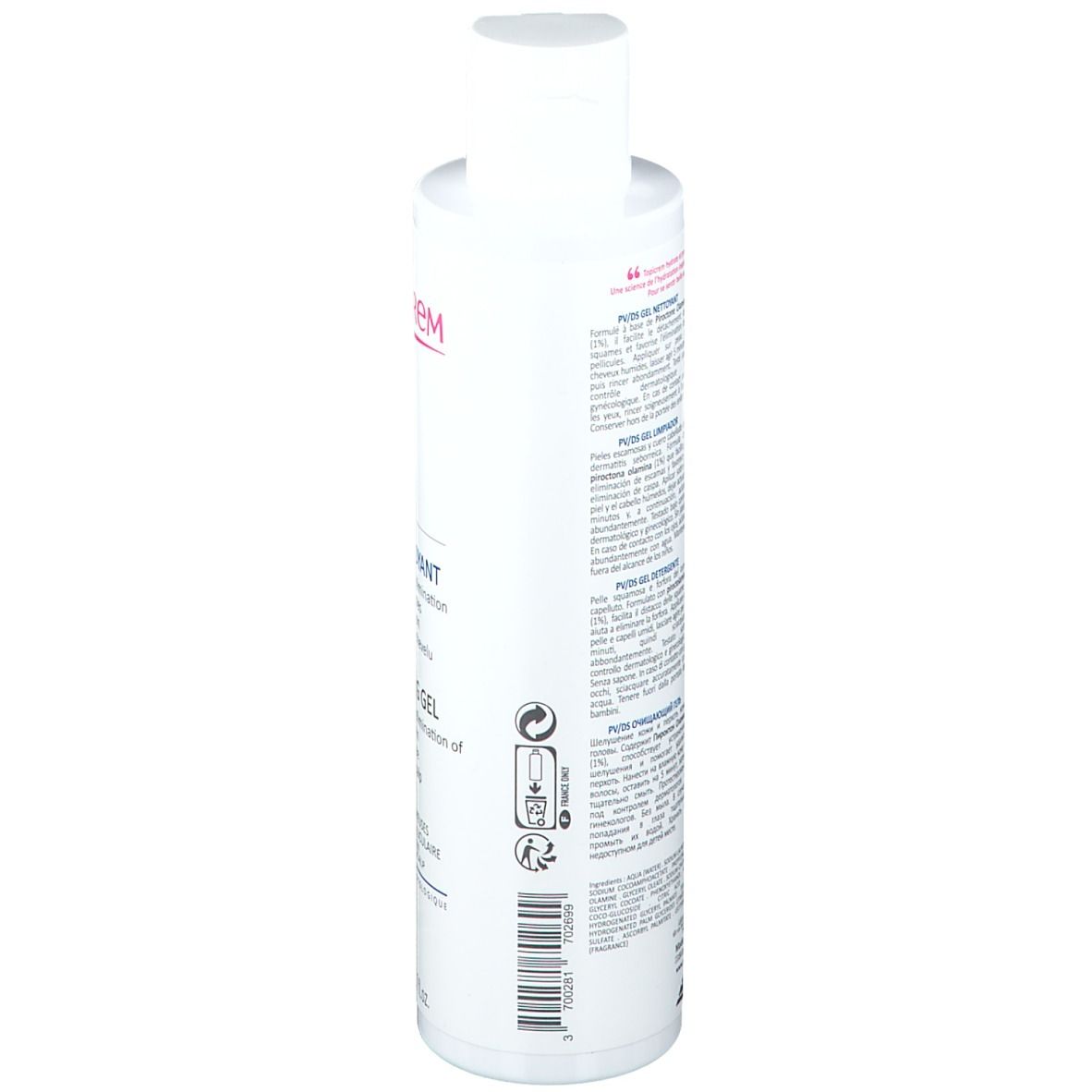 Flacone bianco TOPICREM PV/DS Gel nettoyant. Retro con testo e simboli. Codice a barre e informazioni.