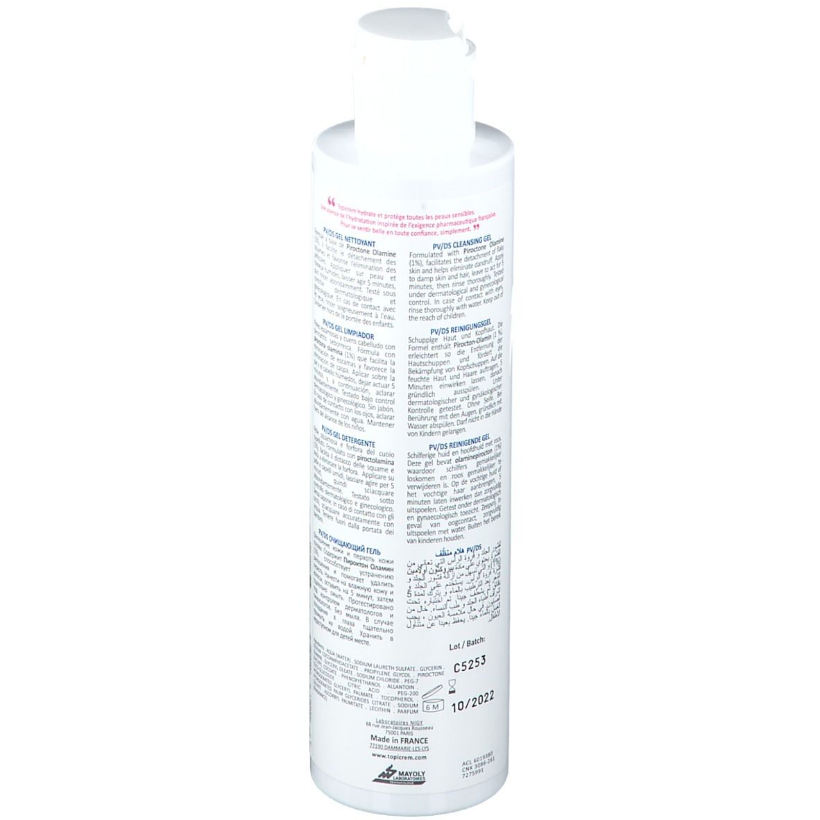 Vista posteriore del flacone bianco TOPICREM PV/DS Gel nettoyant. Testo multilingue. Codice a barre e numero di lotto.