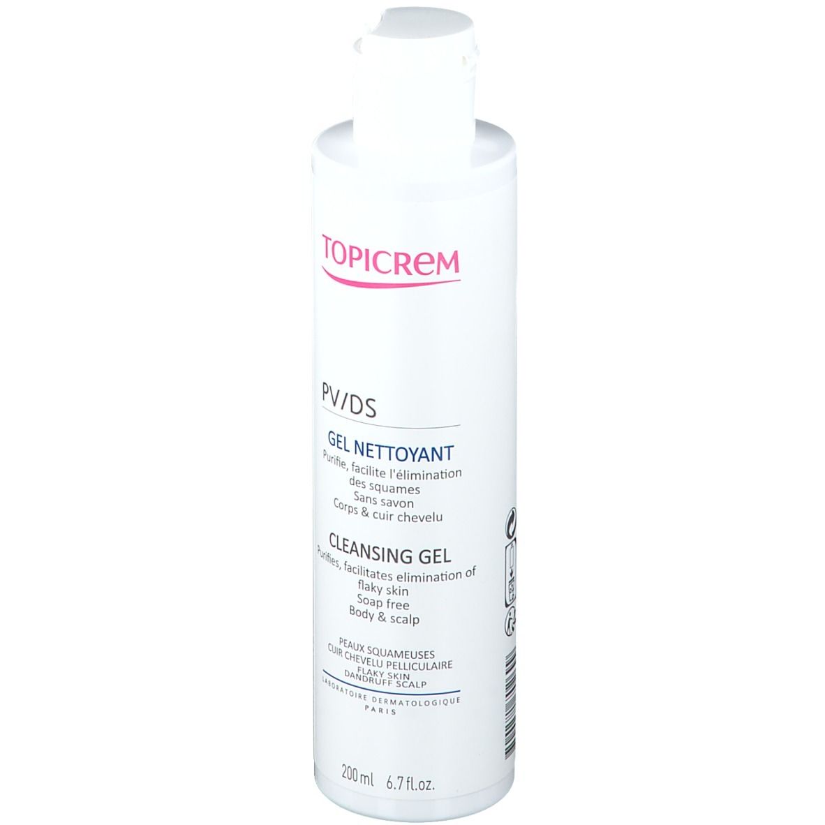 Flacone bianco TOPICREM PV/DS Gel nettoyant. Scritta rossa. Nome del prodotto e testo in francese e inglese.