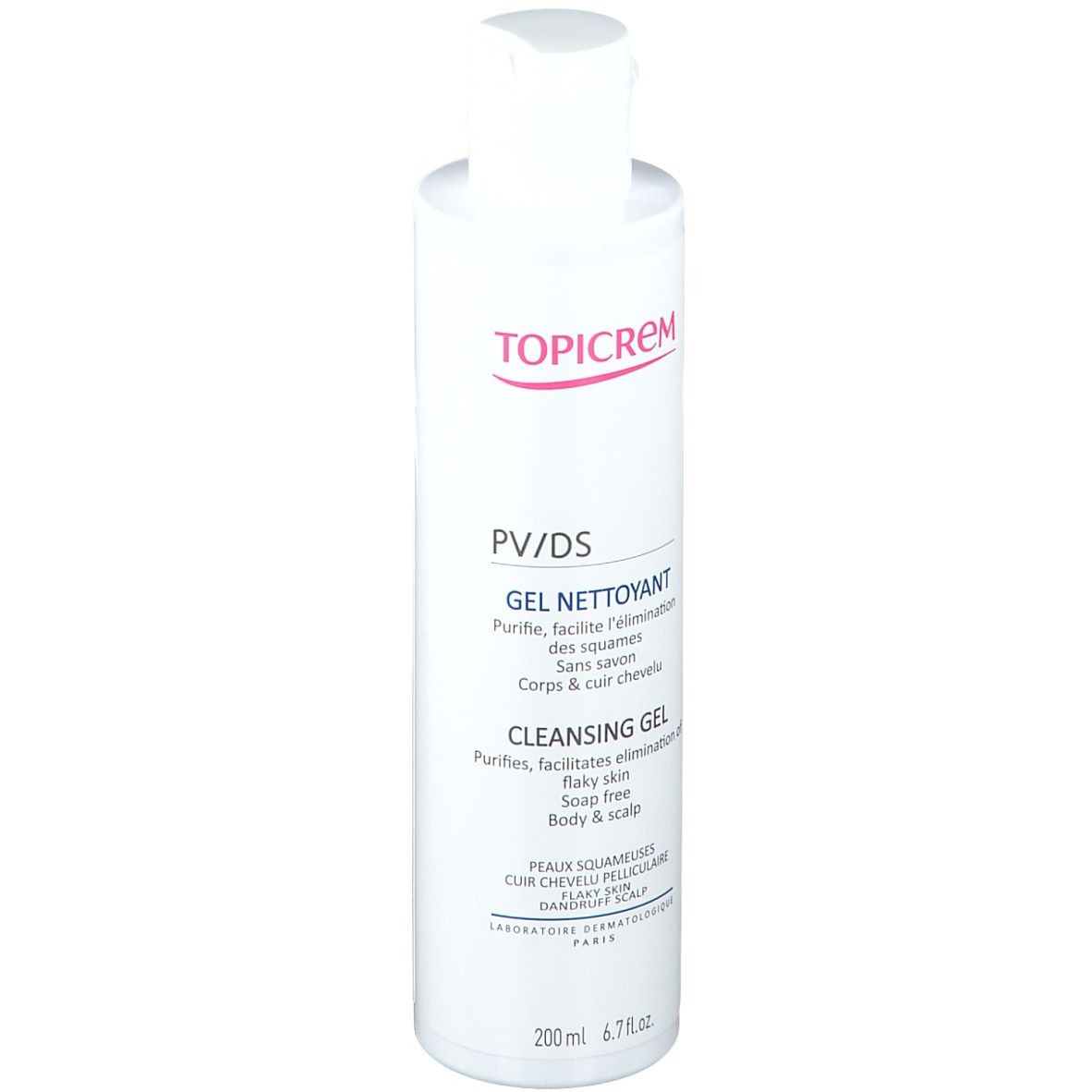 Flacone bianco TOPICREM PV/DS Gel nettoyant. Scritta rossa. Nome del prodotto e testo in francese e inglese.