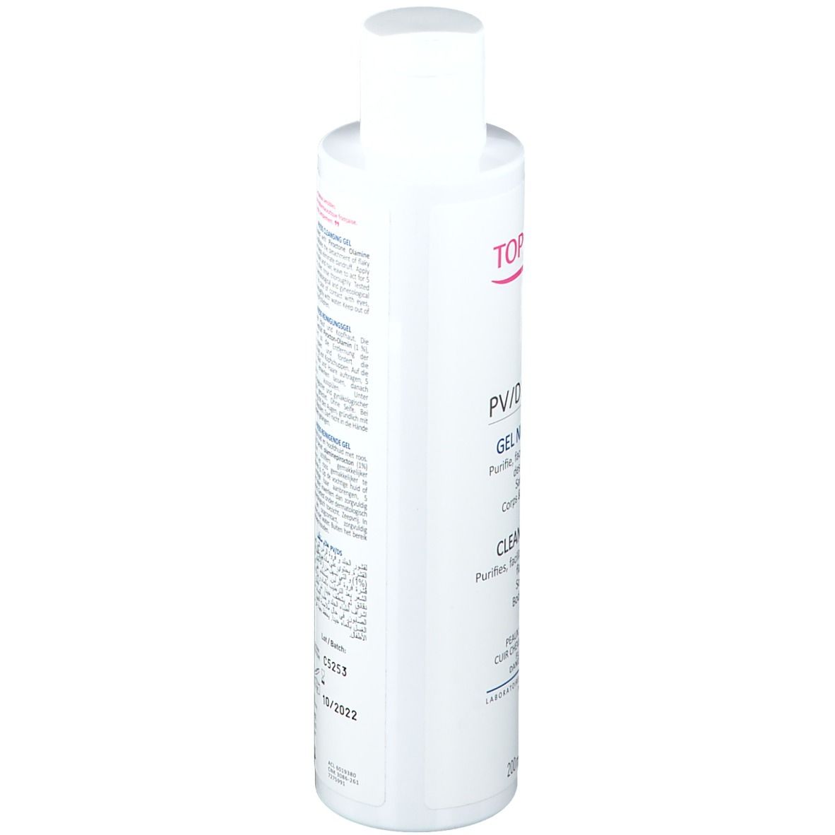 Vista posteriore del flacone bianco TOPICREM PV/DS Gel nettoyant. Testo multilingue. Codice a barre e numero di lotto.
