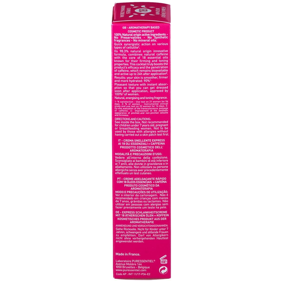 Retro della confezione del prodotto. Testo in più lingue. Contiene informazioni sugli ingredienti e l'uso.