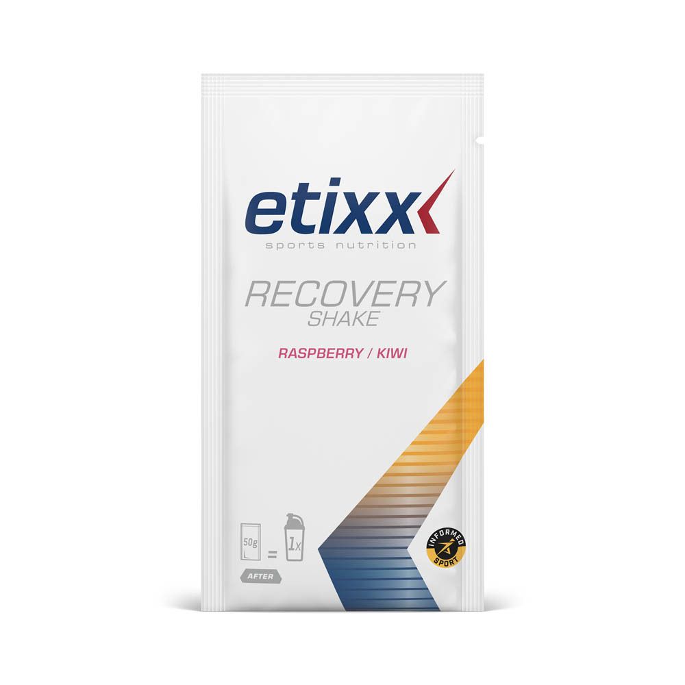Busta singola Etixx Recovery Shake Lampone/Kiwi. Busta bianca con logo e nome del prodotto.
