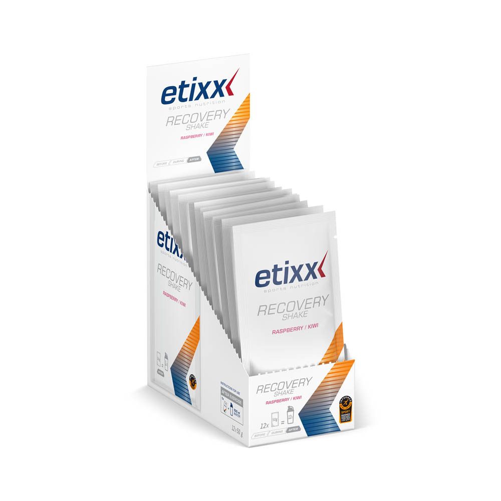 Etixx Recovery Shake Lampone/Kiwi in espositore. Scatola aperta con bustine singole.