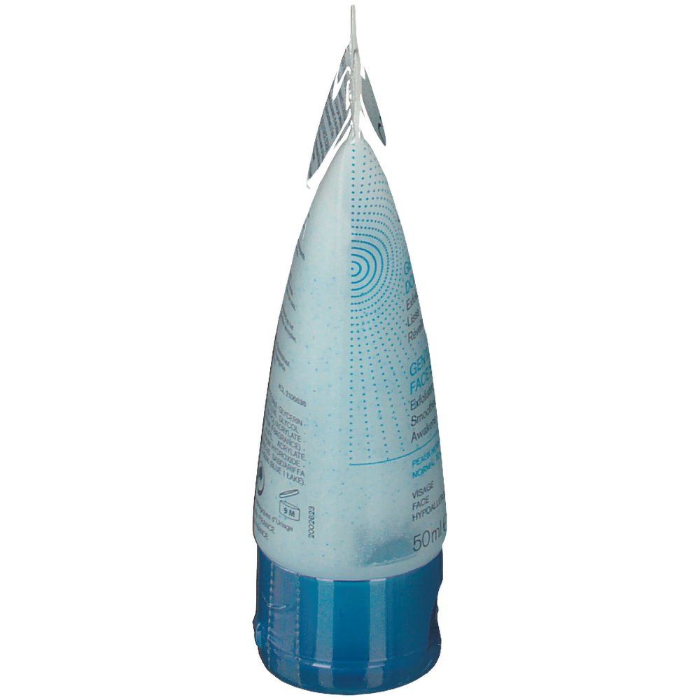 Il tubo è visto di lato. Il tappo è bianco, il resto azzurro chiaro. Scritta illeggibile.