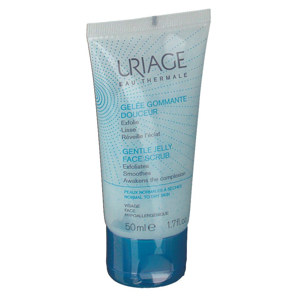 Tubo azzurro chiaro con tappo bianco. Scritta: Uriage, Gelée Gommante Douceur, Gentle Jelly Face Scrub. 50ml.