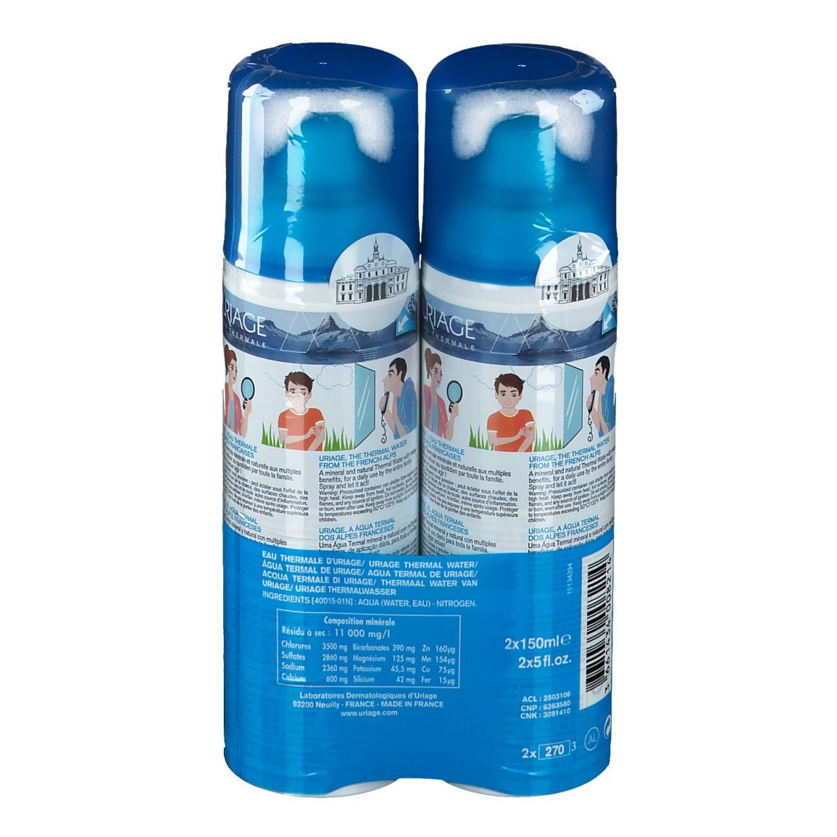 Retro dei flaconi. Scritte: Uriage Eau Thermale, ingredienti, istruzioni. 2x150ml.