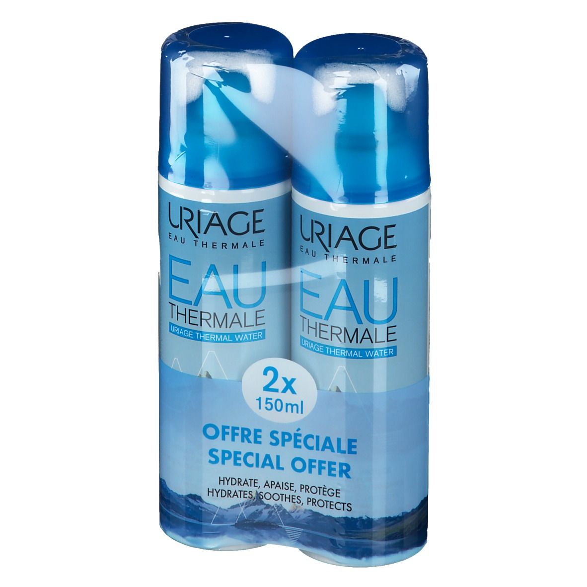 Due flaconi spray blu in confezione. Scritta: Uriage Eau Thermale, 2x150ml. Offerta speciale.