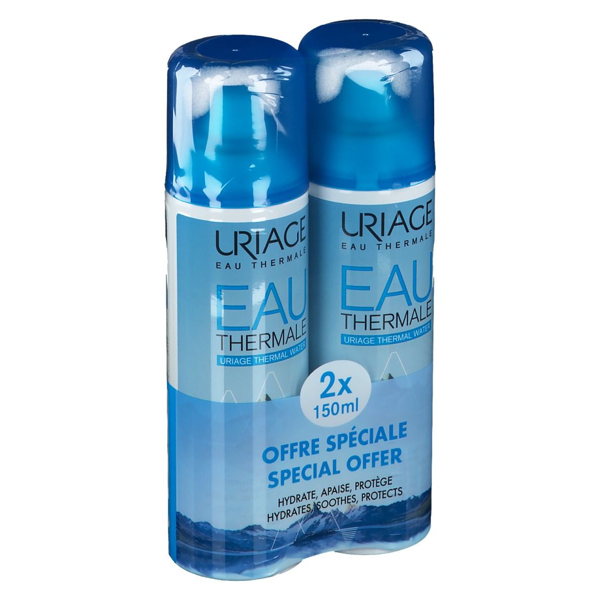 Due flaconi spray blu in confezione. Scritta: Uriage Eau Thermale, 2x150ml. Offerta speciale.