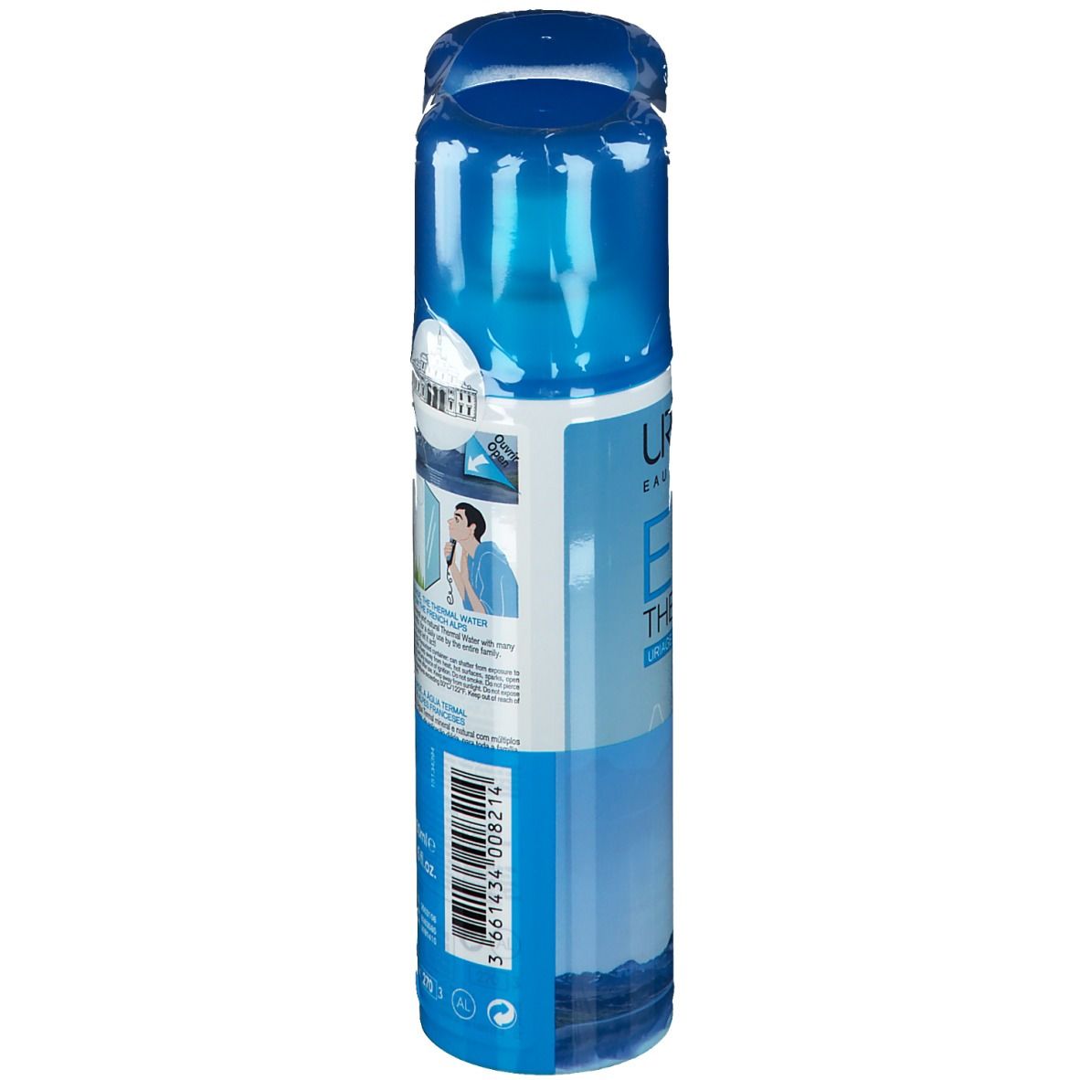 Flacone spray blu, vista laterale. Scritta: Uriage Eau Thermale. Retro con testo e codice a barre.