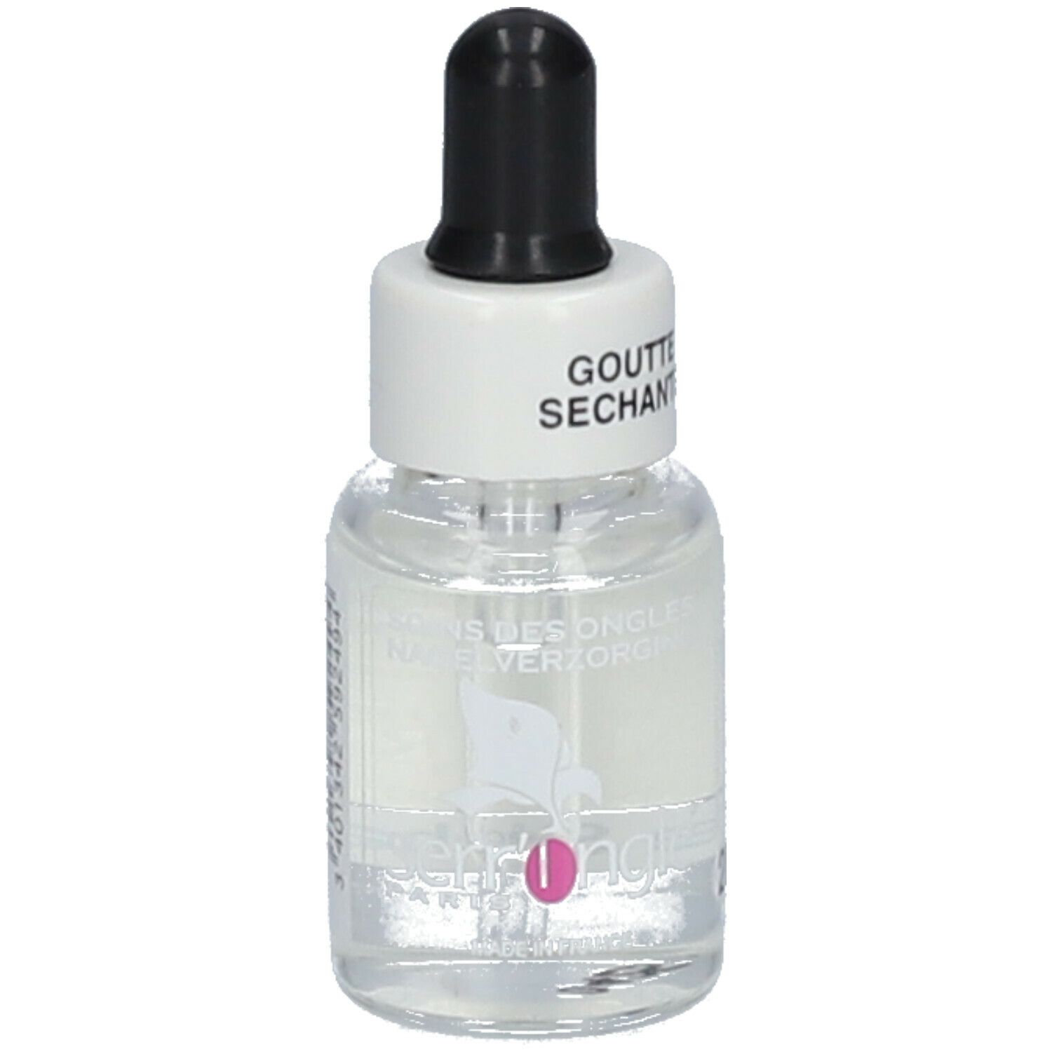 Flacone di vetro trasparente con contagocce. Scritta: Goutte Séchante. Marchio: Serr'Ongle. Contiene liquido trasparente.