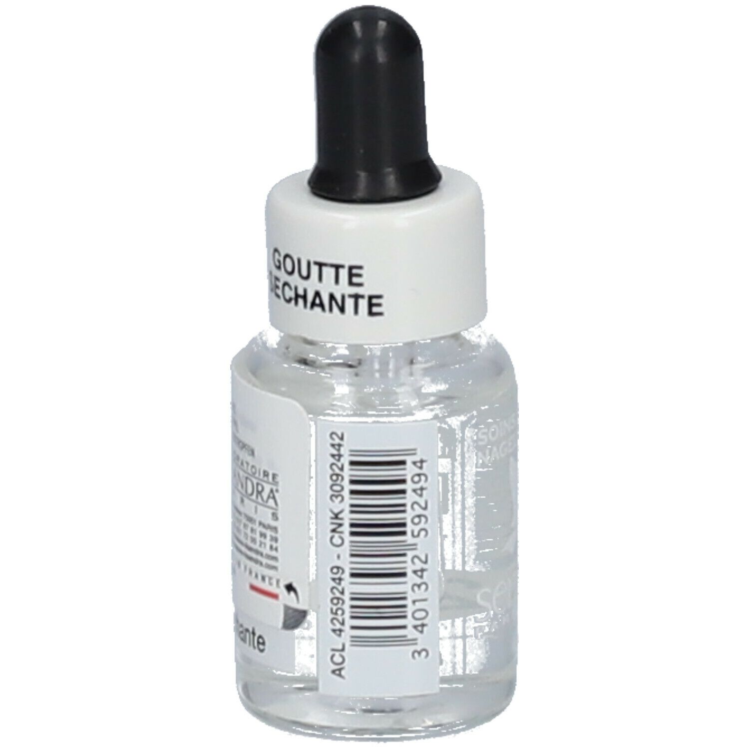 Piccolo flacone di vetro con contagocce. Scritta: Goutte Séchante. Etichetta con codice a barre e informazioni.