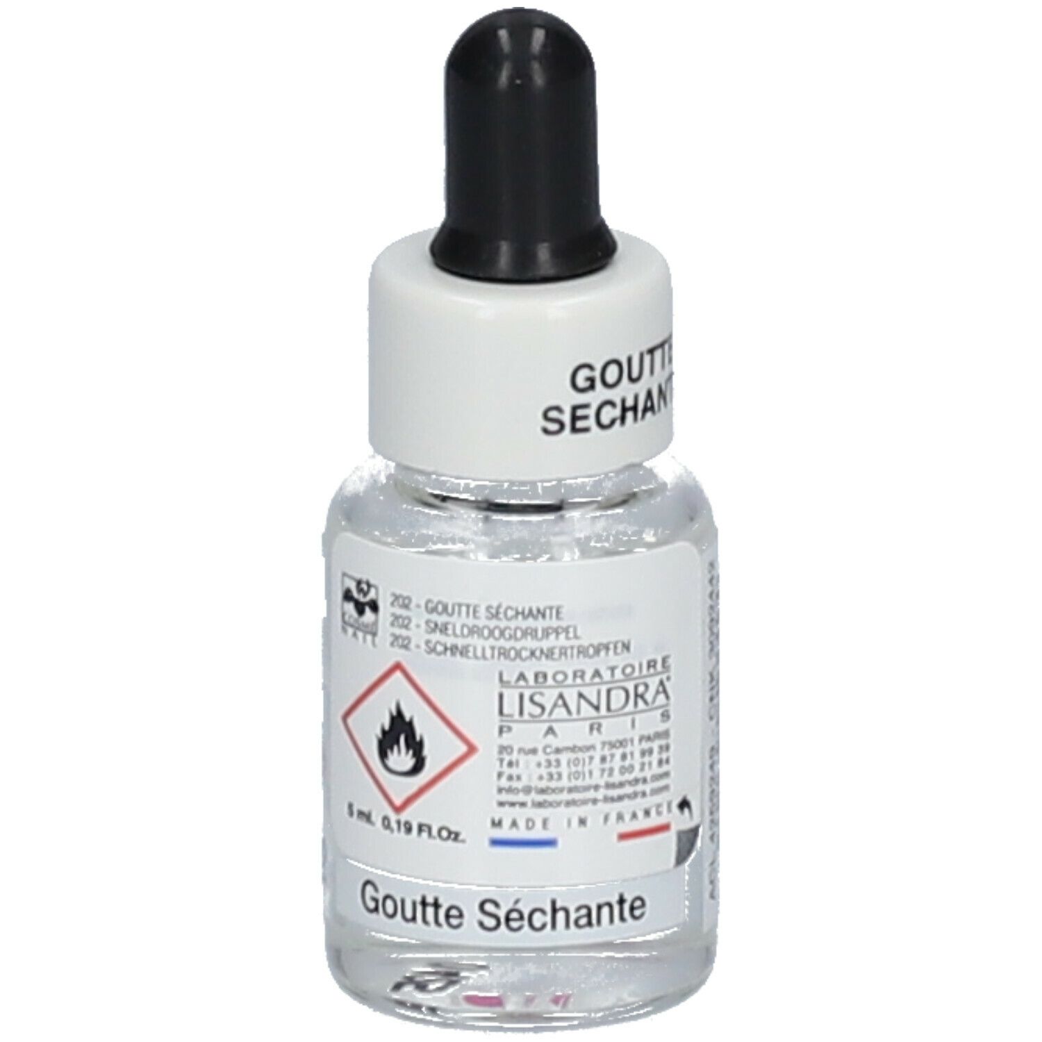 Piccolo flacone di vetro con contagocce. Scritta: Goutte Séchante. Simbolo di pericolo. Marchio: Lisandra Paris.