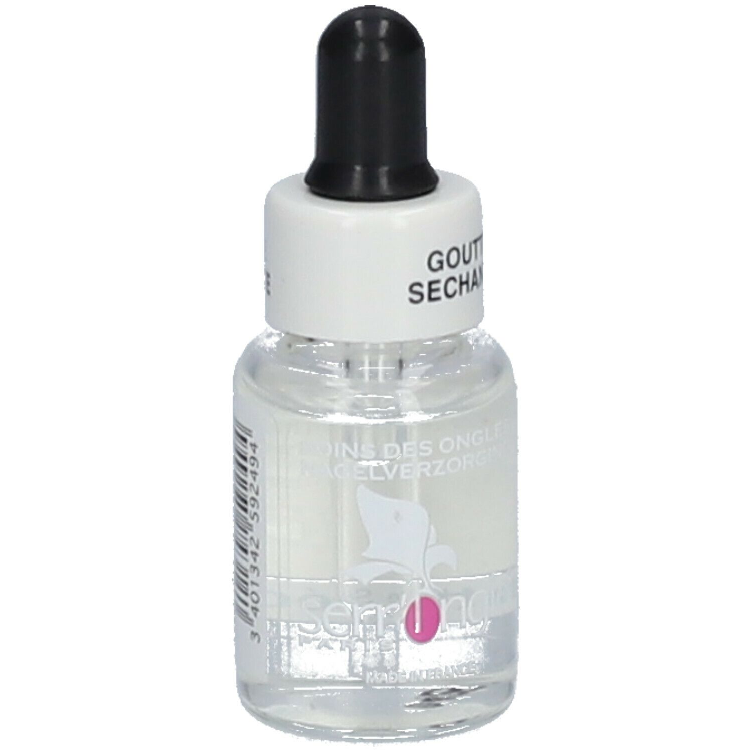 Piccolo flacone di vetro con contagocce. Scritta: Goutte Séchante. Marchio: Serr'Ongle. Contiene liquido trasparente.