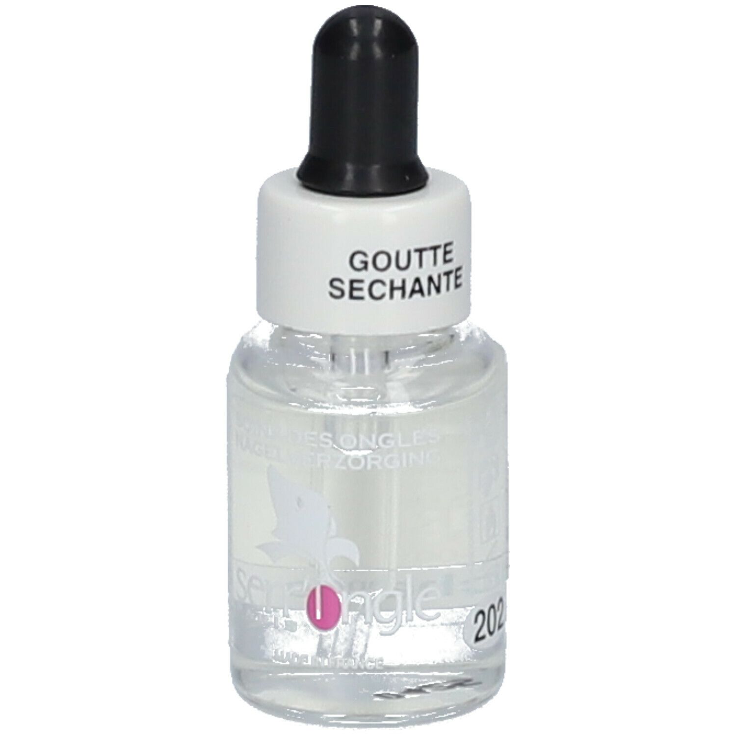 Piccolo flacone di vetro con contagocce. Scritta: Goutte Séchante. Marchio: Serr'Ongle. Con accento rosa.