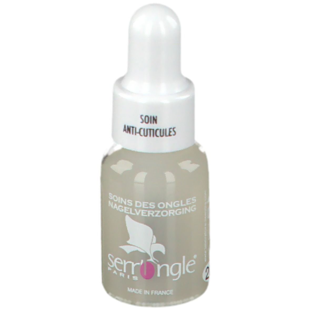 Flacone contagocce trasparente. Scritta: Soin Anti-Cuticules, Soins des Ongles, Nagelverzorging. Marchio: serrongle® Paris.