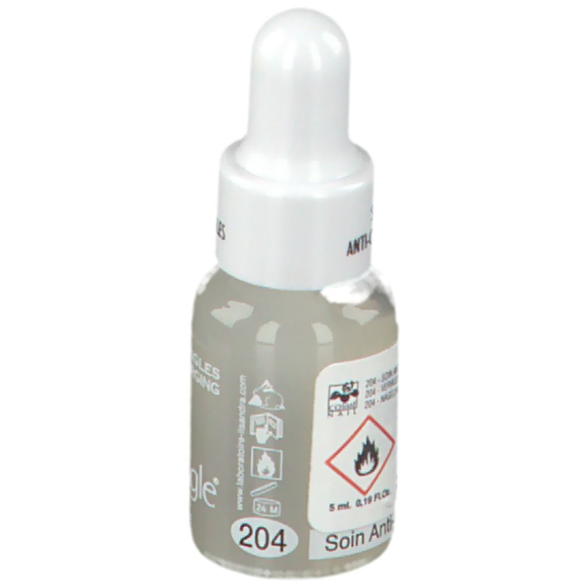 Flacone contagocce con liquido. Scritta: Soin Anti-Cuticules, 204, 5 ml. Simbolo di pericolo: fiamma. Marchio: serrongle® Paris.