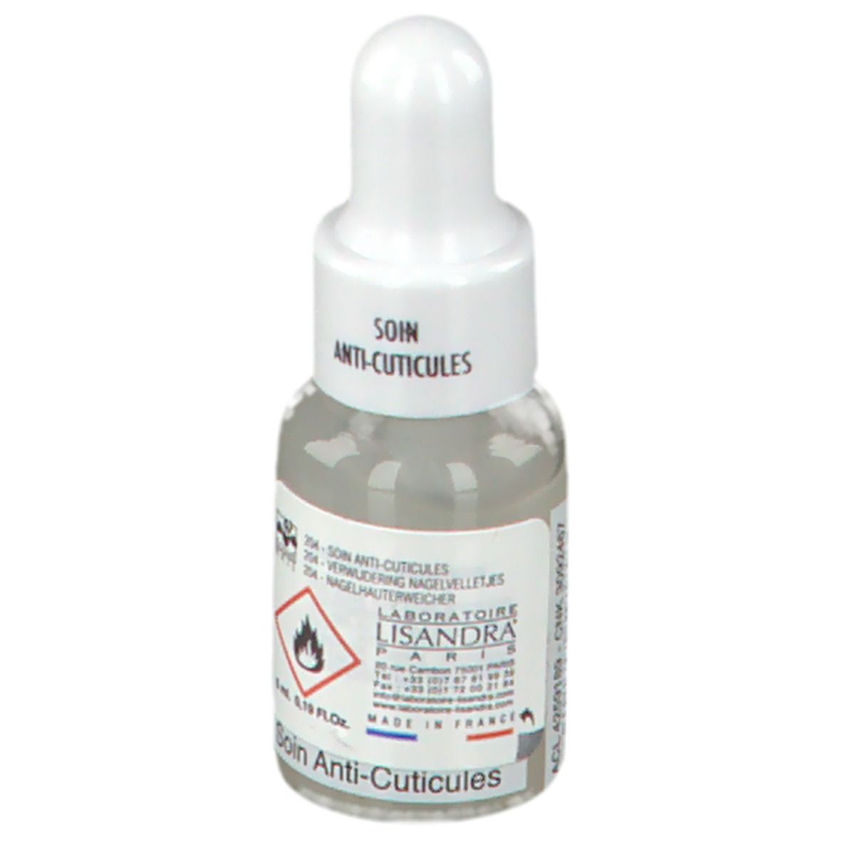 Flacone contagocce con liquido. Scritta: Soin Anti-Cuticules, 5 ml. Simbolo di pericolo: fiamma. Marchio: serrongle® Paris.