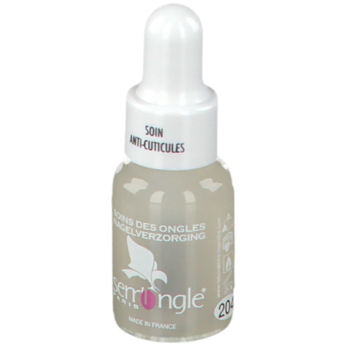 Flacone contagocce con liquido. Scritta: Soin Anti-Cuticules, Soins des Ongles, Nagelverzorging. Marchio: serrongle® Paris, 204.
