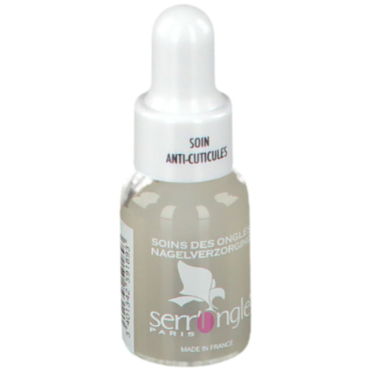 Flacone contagocce con liquido. Scritta: Soin Anti-Cuticules, Soins des Ongles, Nagelverzorging. Marchio: serrongle® Paris, 204.